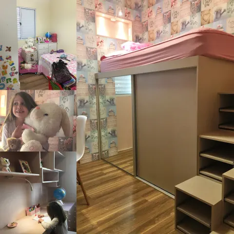 Quarto infantil com cama suspensa sobre armário e escada com gavetas